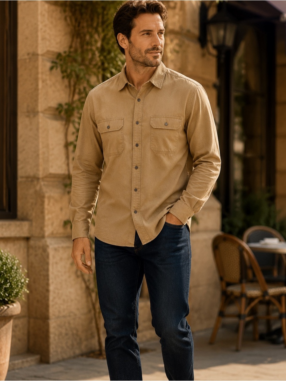 Free Assembly Khaki Cotton-Linen Stretch Button-Up Shirt Men’s Size XL EUC